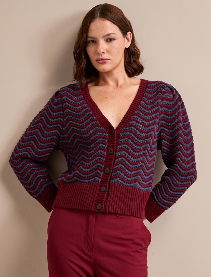 Cefinn Chloe Cotton Cardigan - Burgundy Denim Blue Stripe Knit
