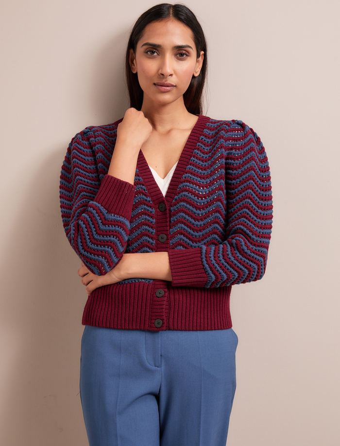 cefinn Chloe Cotton Cardigan - Burgundy Denim Blue Stripe Knit