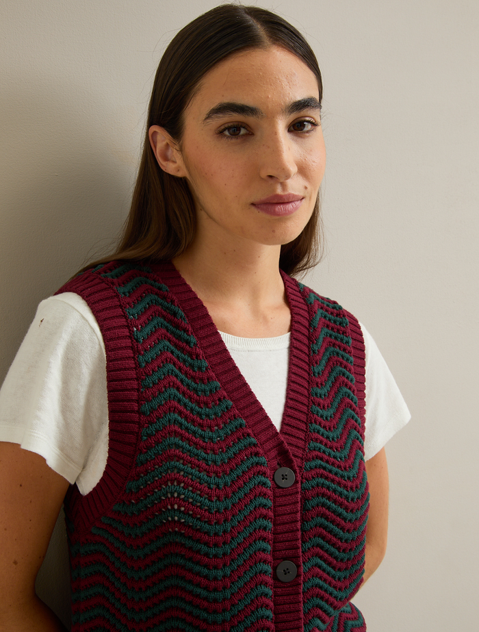 Cefinn Edie Cotton Waistcoat - Burgundy Dark Green Stripe Knit