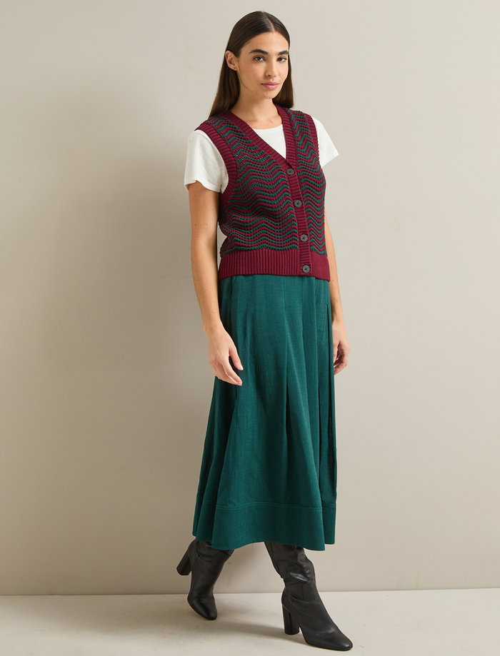 Cefinn Edie Cotton Waistcoat - Burgundy Dark Green Stripe Knit