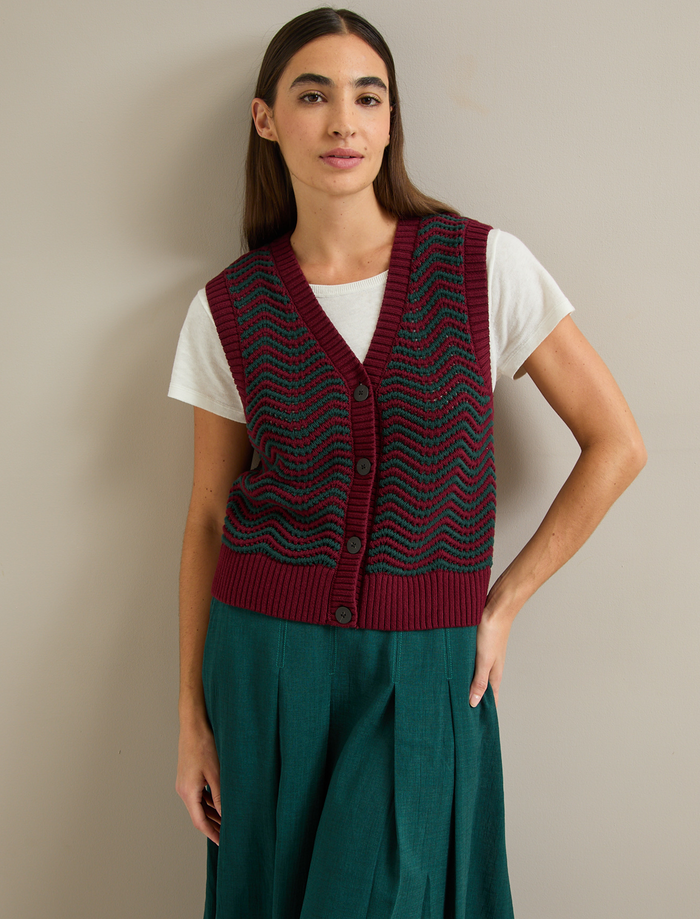 cefinn Edie Cotton Waistcoat - Burgundy Dark Green Stripe Knit