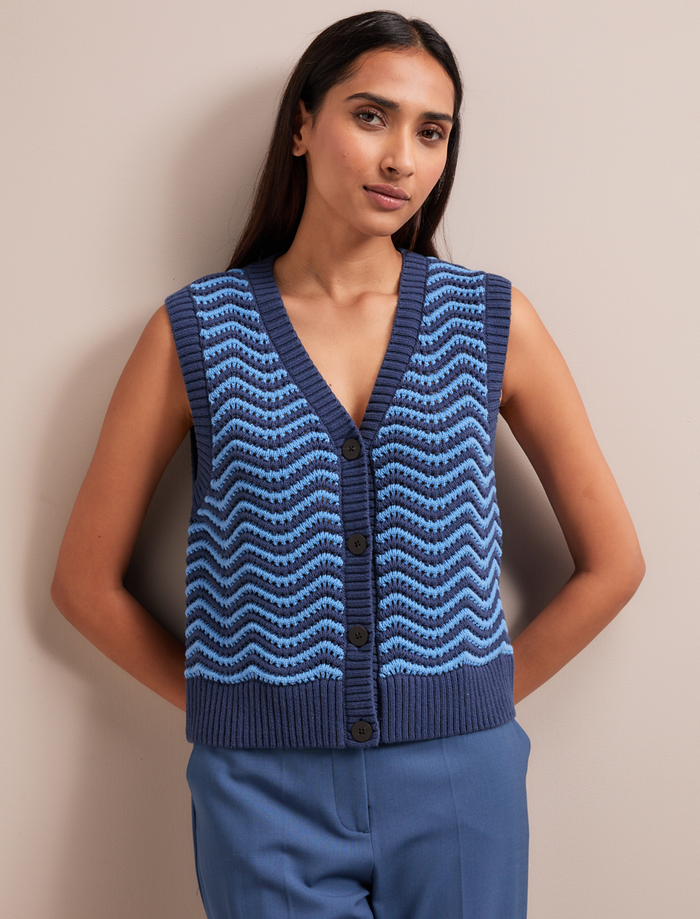 Cefinn Edie Cotton Waistcoat - Denim Blue Pale Blue Stripe Knit