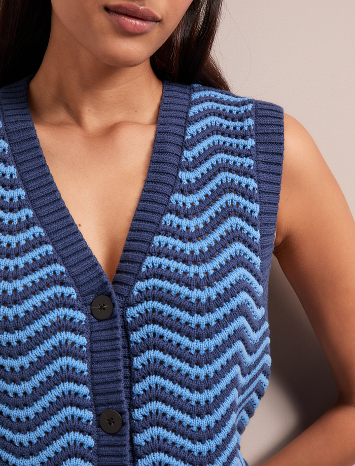 Cefinn Edie Cotton Waistcoat - Denim Blue Pale Blue Stripe Knit