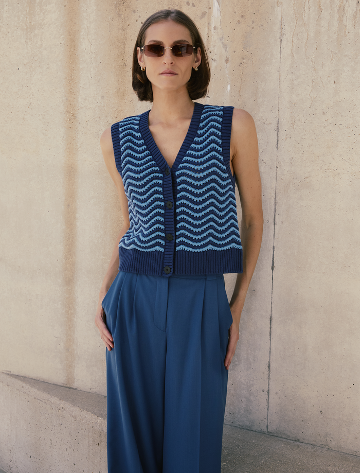 cefinn Edie Cotton Waistcoat - Denim Blue Pale Blue Stripe Knit