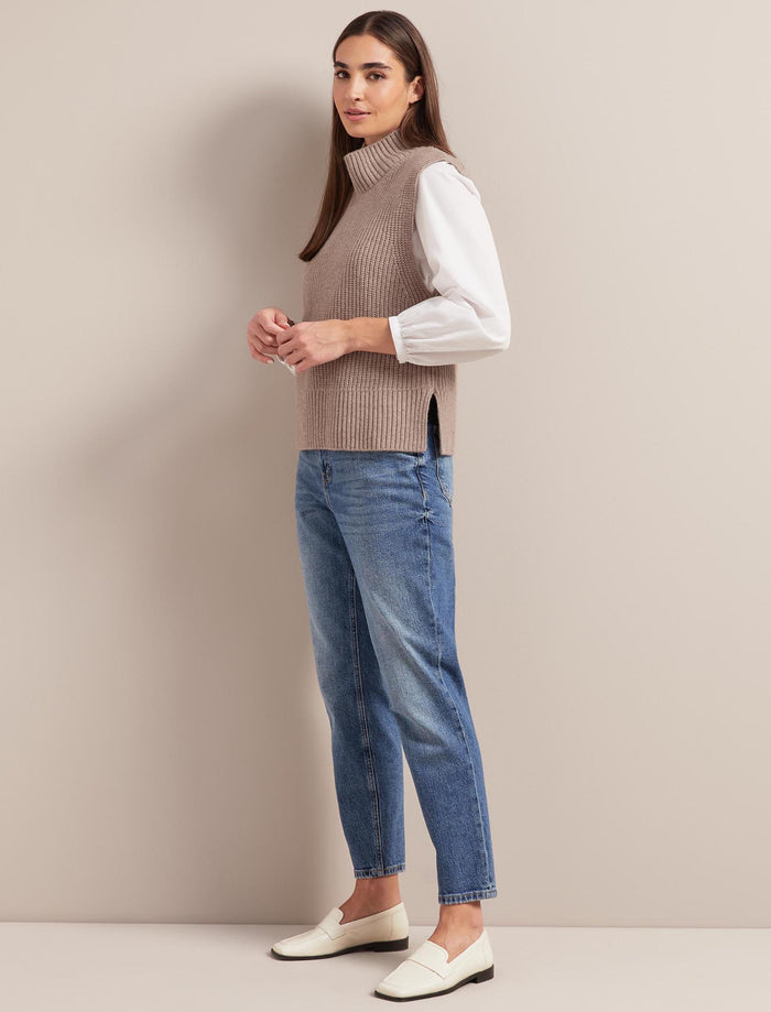 Cefinn Janie Cashmere Blend Funnel Neck Sleeveless Jumper - Taupe Knit