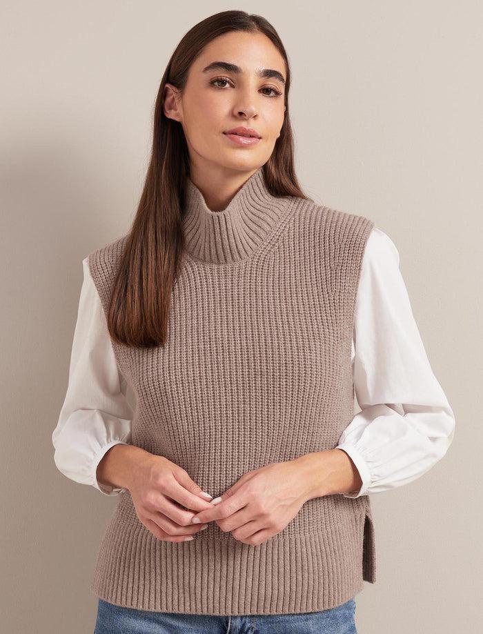 Cefinn Janie Cashmere Blend Funnel Neck Sleeveless Jumper - Taupe Knit
