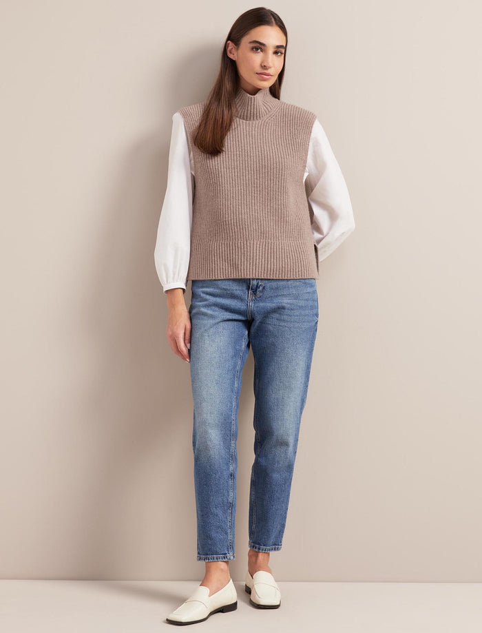 Cefinn Janie Cashmere Blend Funnel Neck Sleeveless Jumper - Taupe Knit