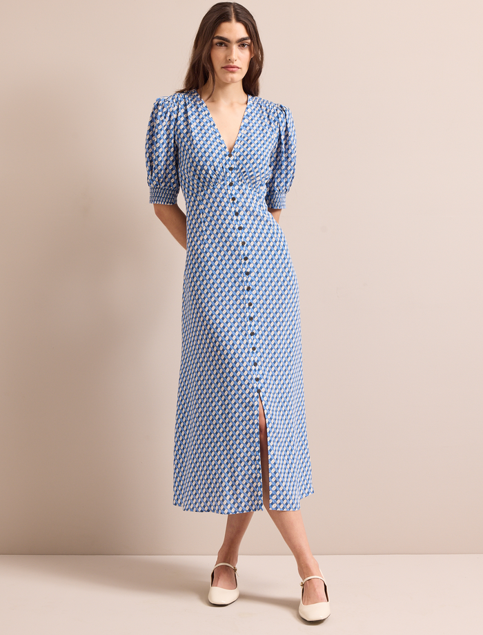 cefinn Julietta Silk Maxi Dress - Blue Cream Lips Print Dress