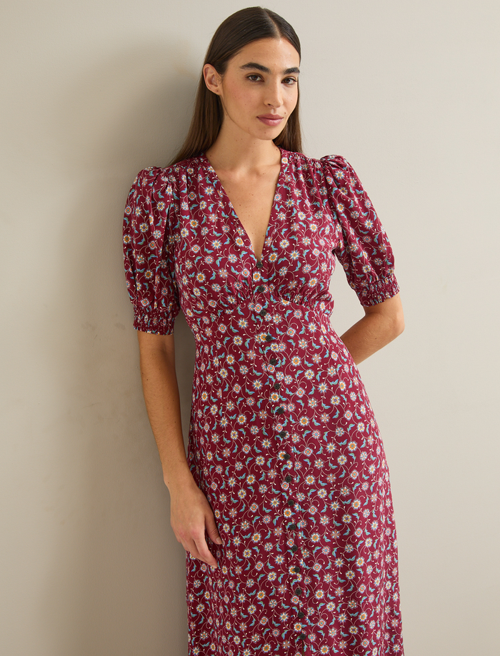 Cefinn Julietta Silk Maxi Dress - Burgundy Trellis Print Dress