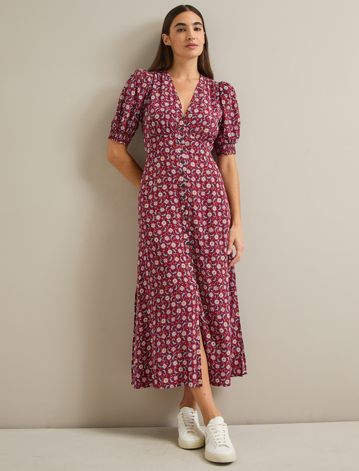 Cefinn Julietta Silk Maxi Dress - Burgundy Trellis Print Dress