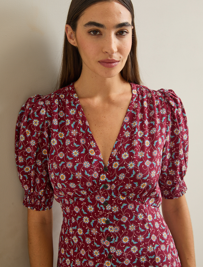 Cefinn Julietta Silk Maxi Dress - Burgundy Trellis Print Dress