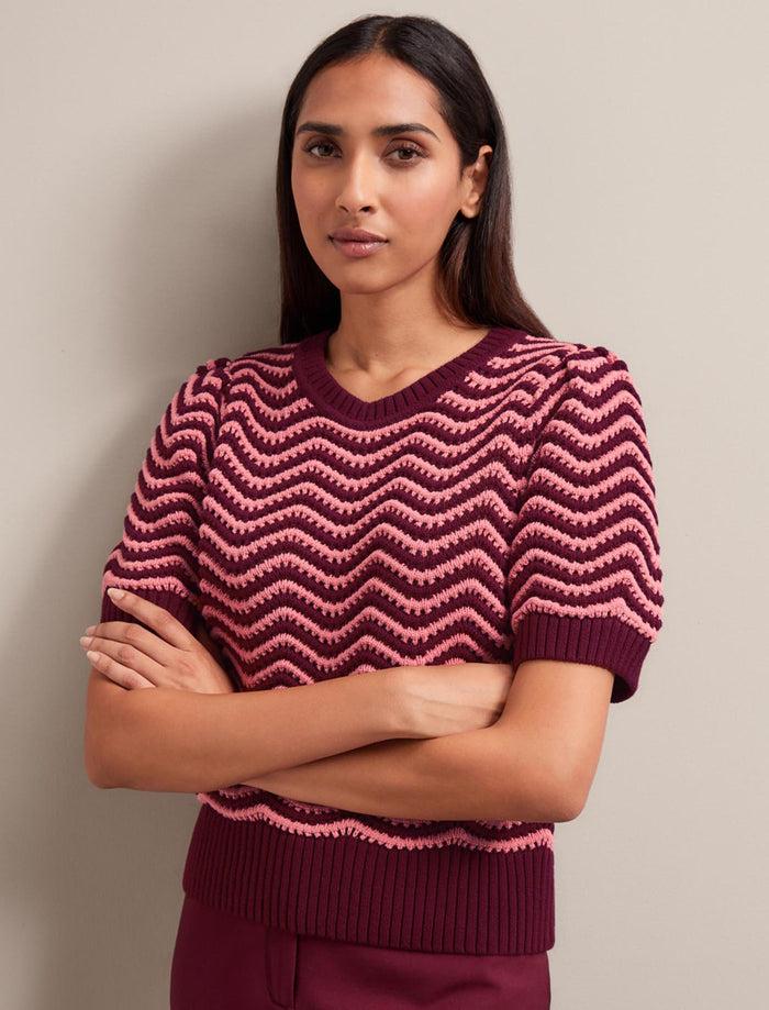 Cefinn June Cotton Short Sleeve Jumper - Burgundy Rose Stripe Knit