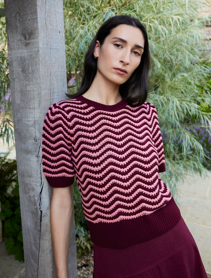 cefinn June Cotton Short Sleeve Jumper - Burgundy Rose Stripe Knit