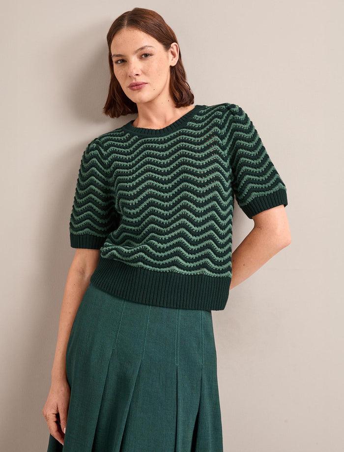 Cefinn June Cotton Short Sleeve Jumper - Dark Green Pale Green Stripe Knit