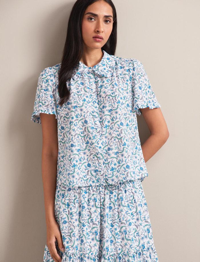 Cefinn Kitty Silk Blend Blouse - Blue Trailing Feather Print Blouse