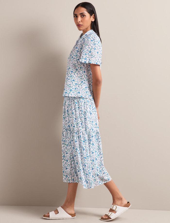 Cefinn Kitty Silk Blend Blouse - Blue Trailing Feather Print Blouse