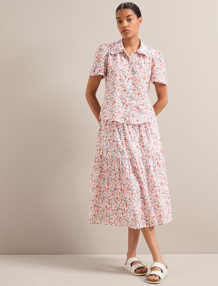 Cefinn Kitty Silk Blend Blouse - Red Trailing Feather Print Blouse