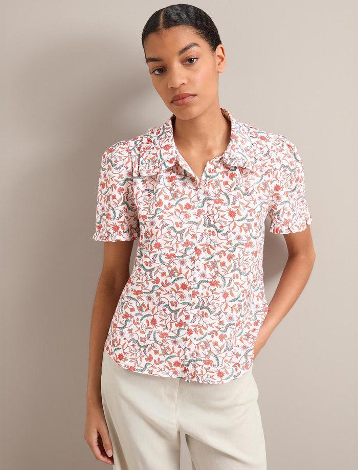 cefinn Kitty Silk Blend Blouse - Red Trailing Feather Print Blouse