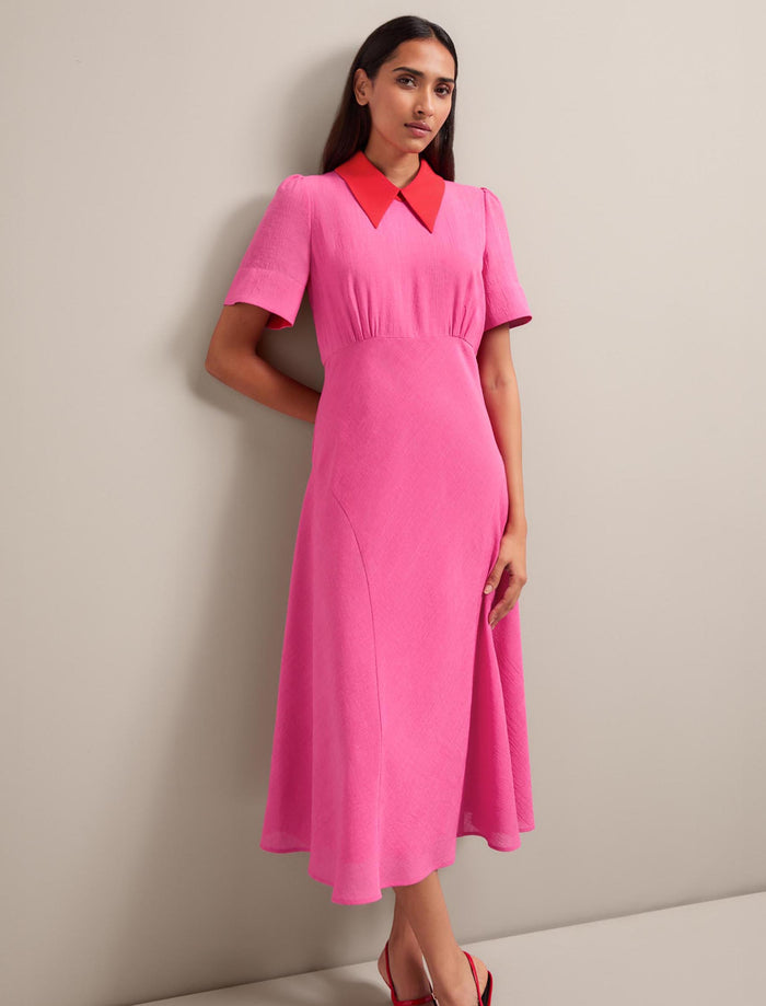 Cefinn Lydia Techni Voile Midi Dress - Hot Pink Crimson Dress