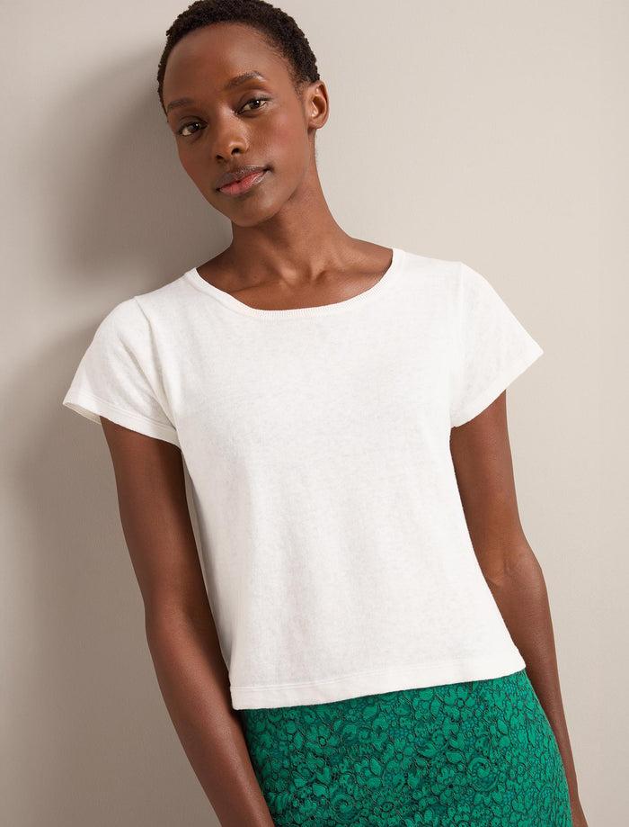 Cefinn Madison Linen Blend Round Neck Knit T-Shirt - White Knit