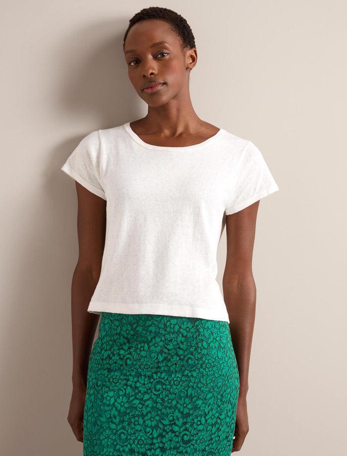 Cefinn Madison Linen Blend Round Neck Knit T-Shirt - White Knit