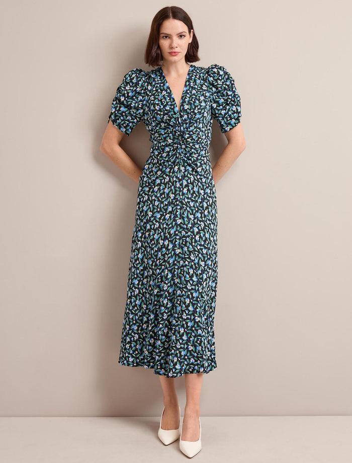 Cefinn Ophelia Bias Cut Maxi Dress - Black Blue Deco Floral Print Dress