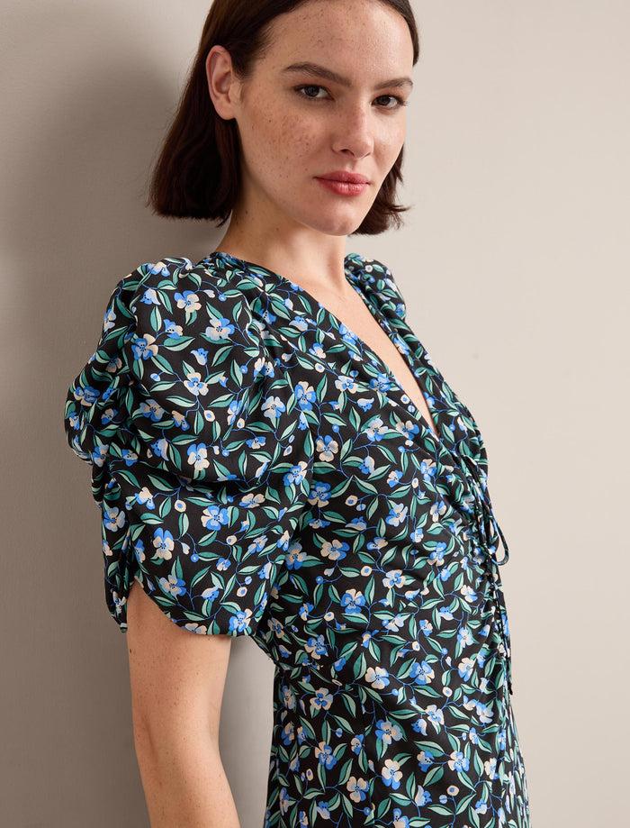 Cefinn Ophelia Bias Cut Maxi Dress - Black Blue Deco Floral Print Dress