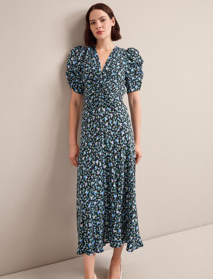 Cefinn Ophelia Bias Cut Maxi Dress - Black Blue Deco Floral Print Dress