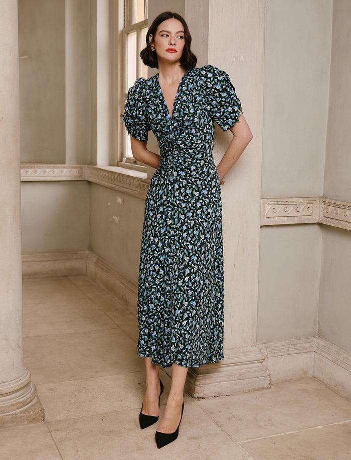 cefinn Ophelia Bias Cut Maxi Dress - Black Blue Deco Floral Print Dress