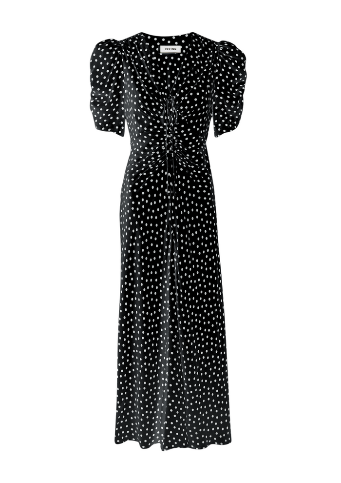 cefinn Ophelia Bias Cut Maxi Dress - Black Ecru Polka Dot Print Dress