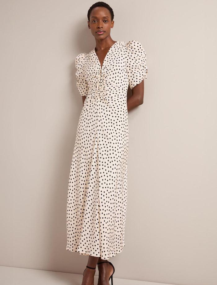 Cefinn Ophelia Bias Cut Maxi Dress - Ecru Black Polka Dot Print Dress