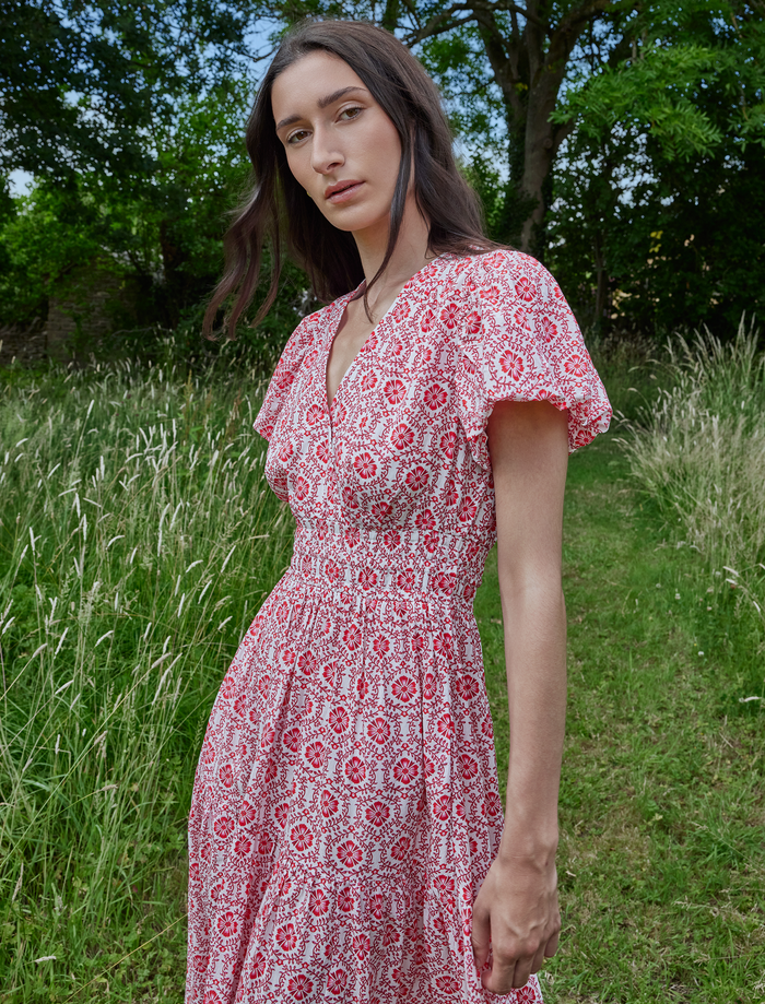 Cefinn Orla Cotton Maxi Dress - White Pink Circle Carnation Print Dress