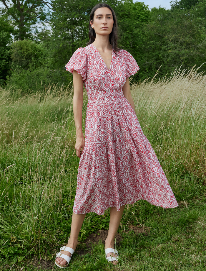 cefinn Orla Cotton Maxi Dress - White Pink Circle Carnation Print Dress