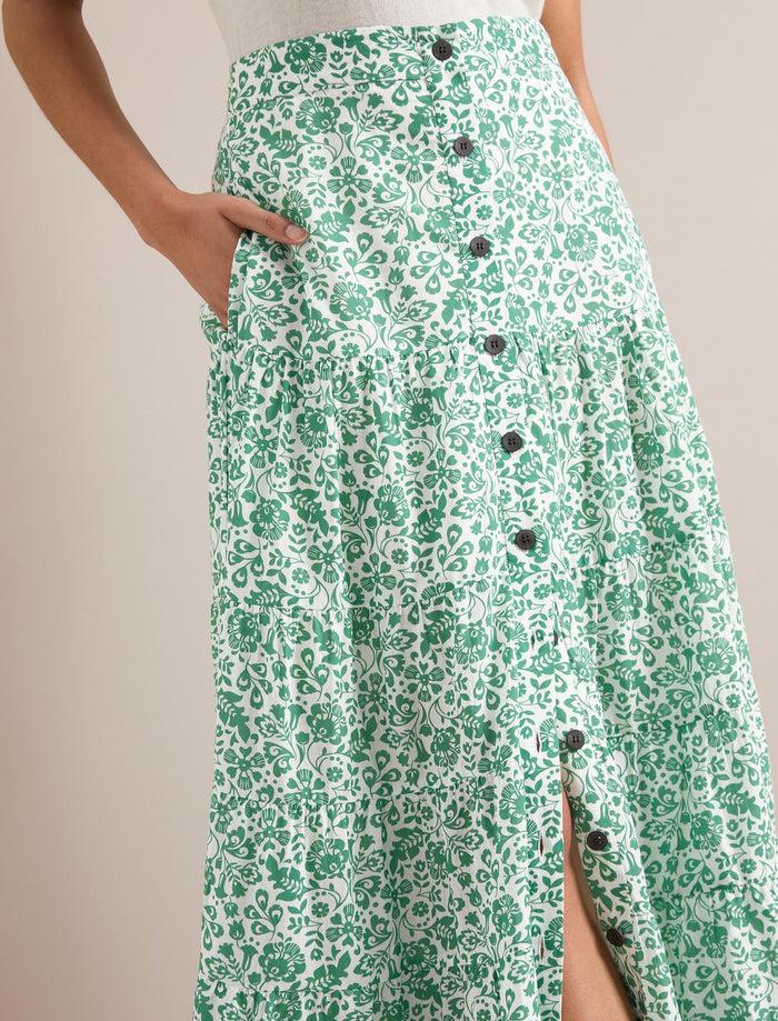 Cefinn Rita Cotton Blend Maxi Skirt - Green Mono Floral Print Skirt