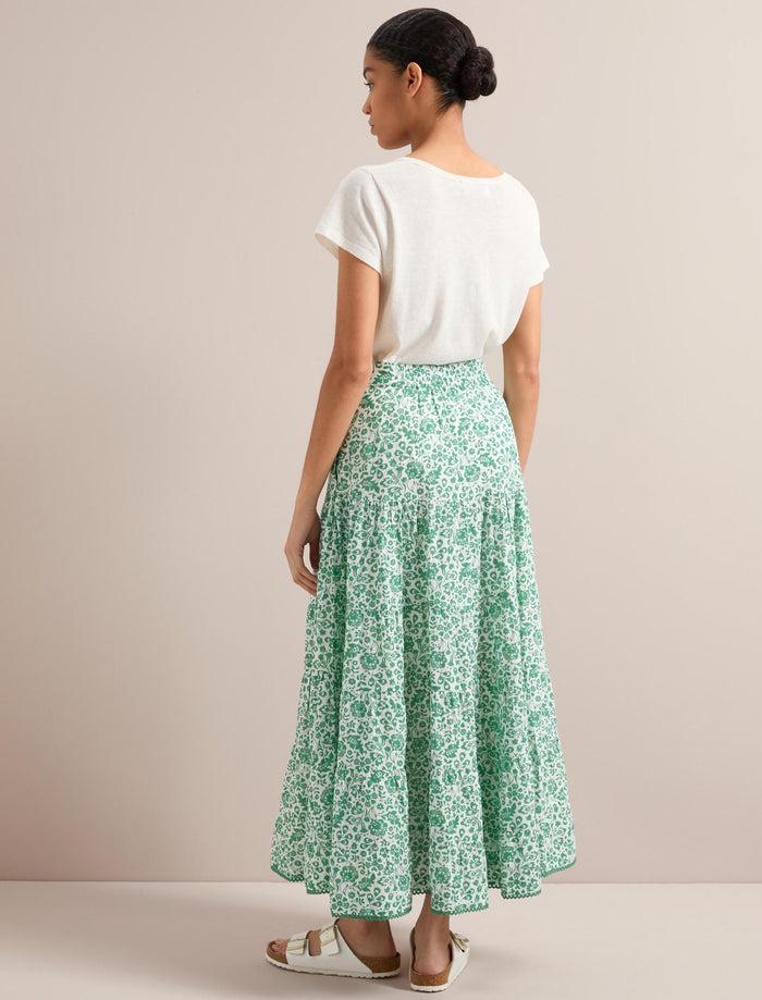 Cefinn Rita Cotton Blend Maxi Skirt - Green Mono Floral Print Skirt