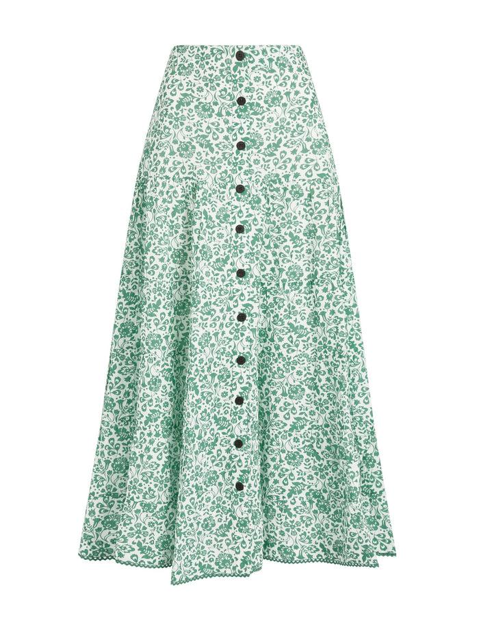Cefinn Rita Cotton Blend Maxi Skirt - Green Mono Floral Print Skirt