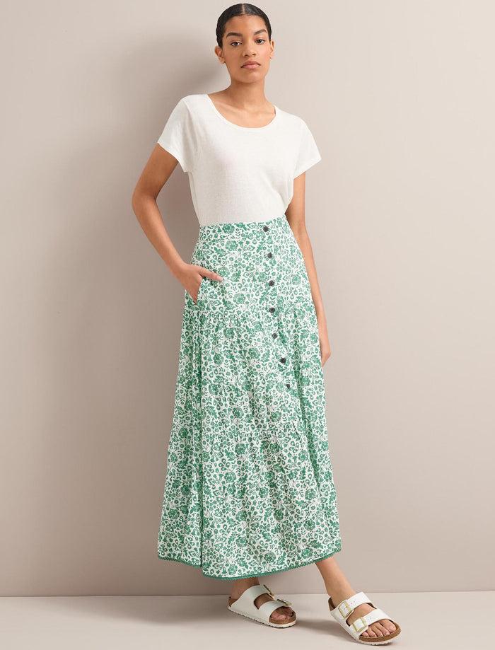 cefinn Rita Cotton Blend Maxi Skirt - Green Mono Floral Print Skirt