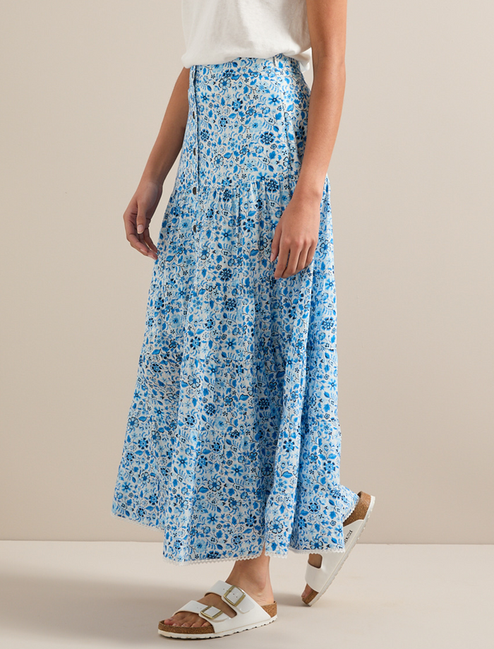 Cefinn Rita Cotton Blend Maxi Skirt - White Blue Ditsy Carnation Print Skirt