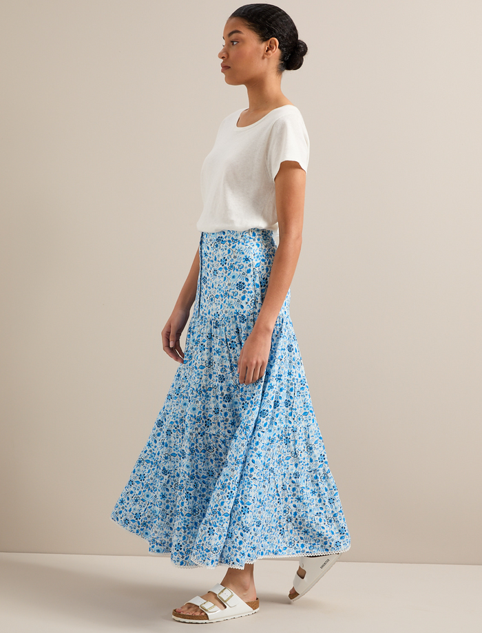 Cefinn Rita Cotton Blend Maxi Skirt - White Blue Ditsy Carnation Print Skirt