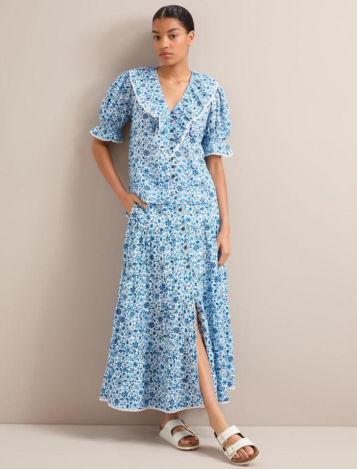 Cefinn Rita Cotton Blend Maxi Skirt - White Blue Ditsy Carnation Print Skirt