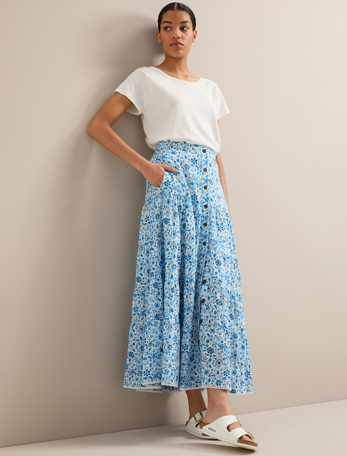 cefinn Rita Cotton Blend Maxi Skirt - White Blue Ditsy Carnation Print Skirt