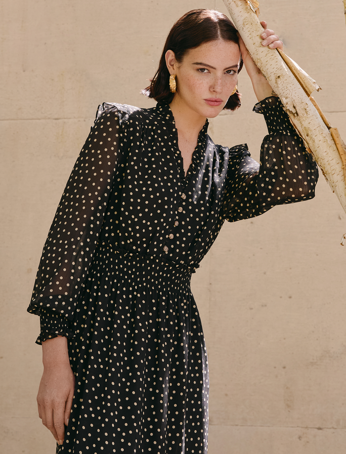 Cefinn Saskia Maxi Dress - Black Cream Polka Dot Print Dress