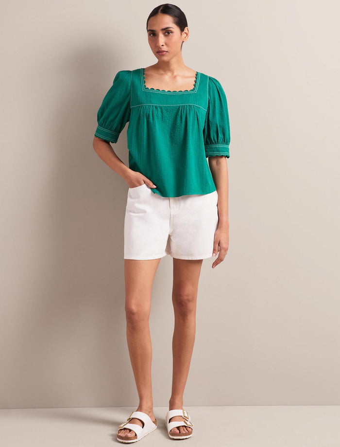 Cefinn Shannon Cotton Seersucker Blouse - Dark Green Blouse