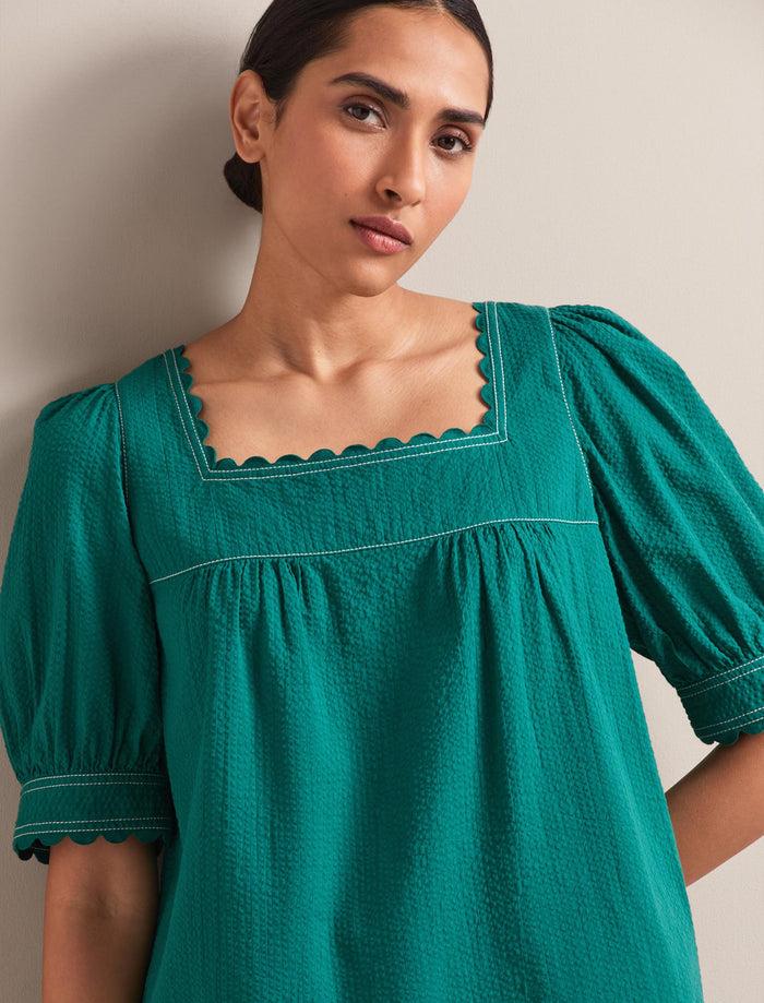 Cefinn Shannon Cotton Seersucker Blouse - Dark Green Blouse