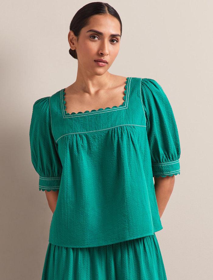 cefinn Shannon Cotton Seersucker Blouse - Dark Green Blouse