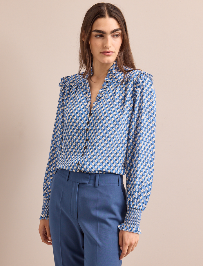 Cefinn Stella Silk Shirt - Blue Cream Lips Print Shirt