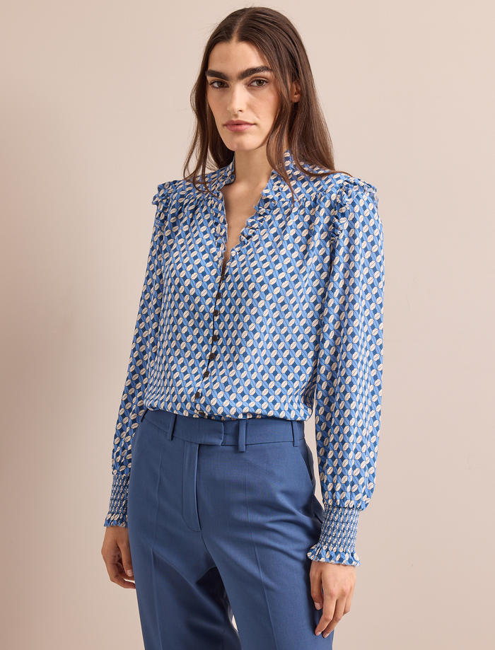 cefinn Stella Silk Shirt - Blue Cream Lips Print Shirt