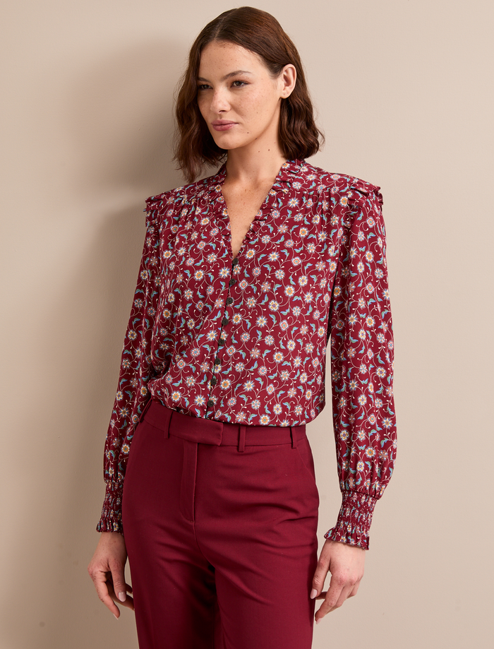 cefinn Stella Silk Shirt - Burgundy Trellis Print Shirt