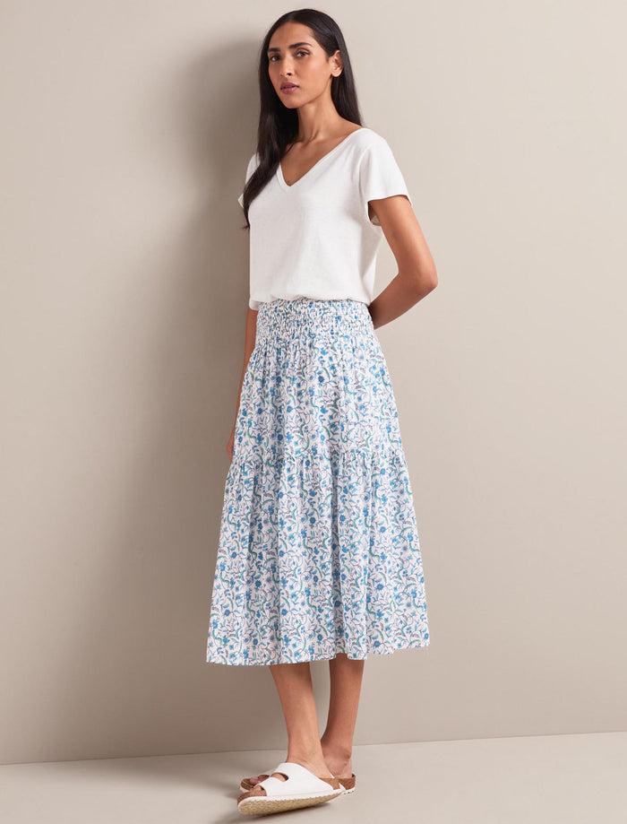 Cefinn Sylvia Silk Blend Maxi Skirt - Blue Trailing Feather Print Skirt