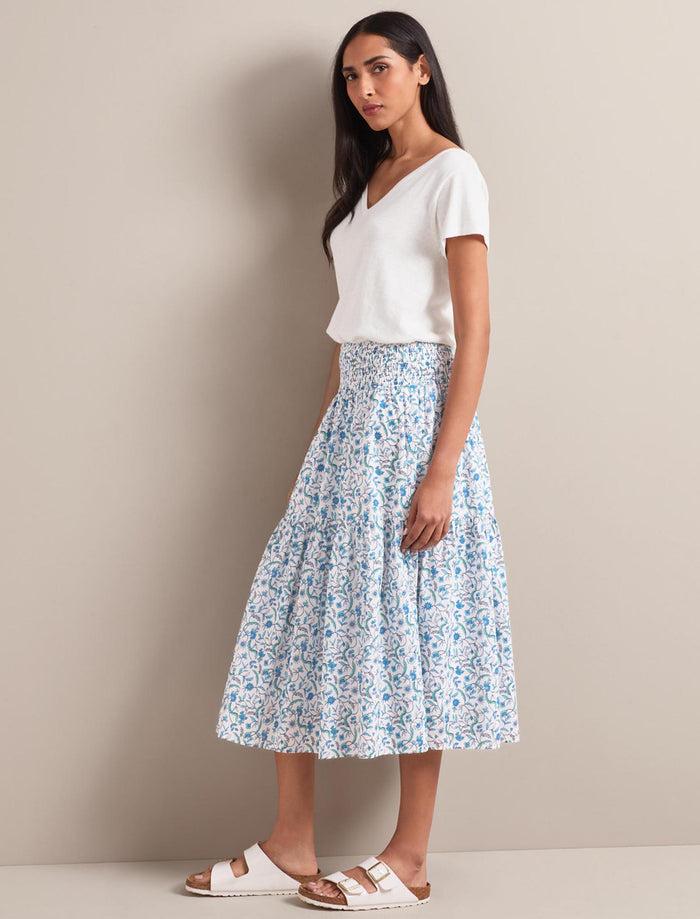 Cefinn Sylvia Silk Blend Maxi Skirt - Blue Trailing Feather Print Skirt